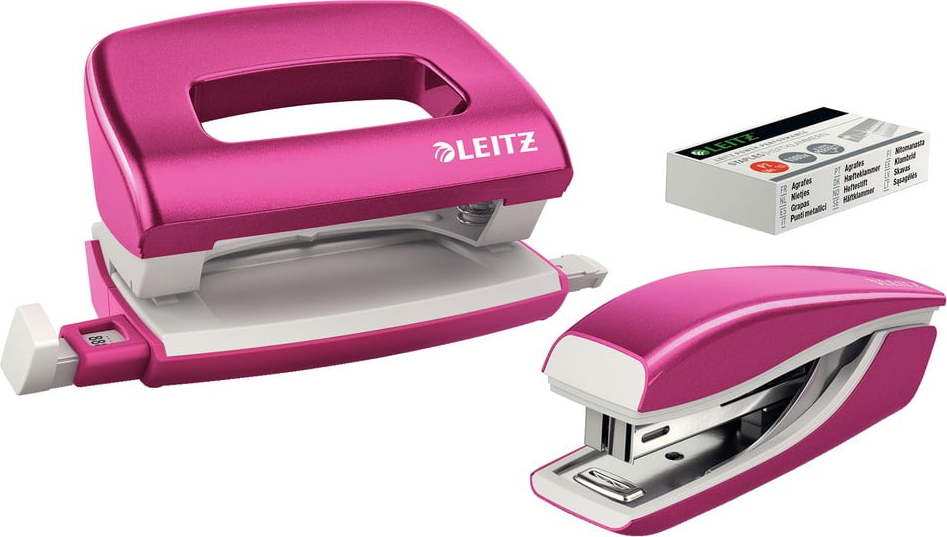 Bílo-růžový set mini sešívačky a děrovačky Leitz Leitz