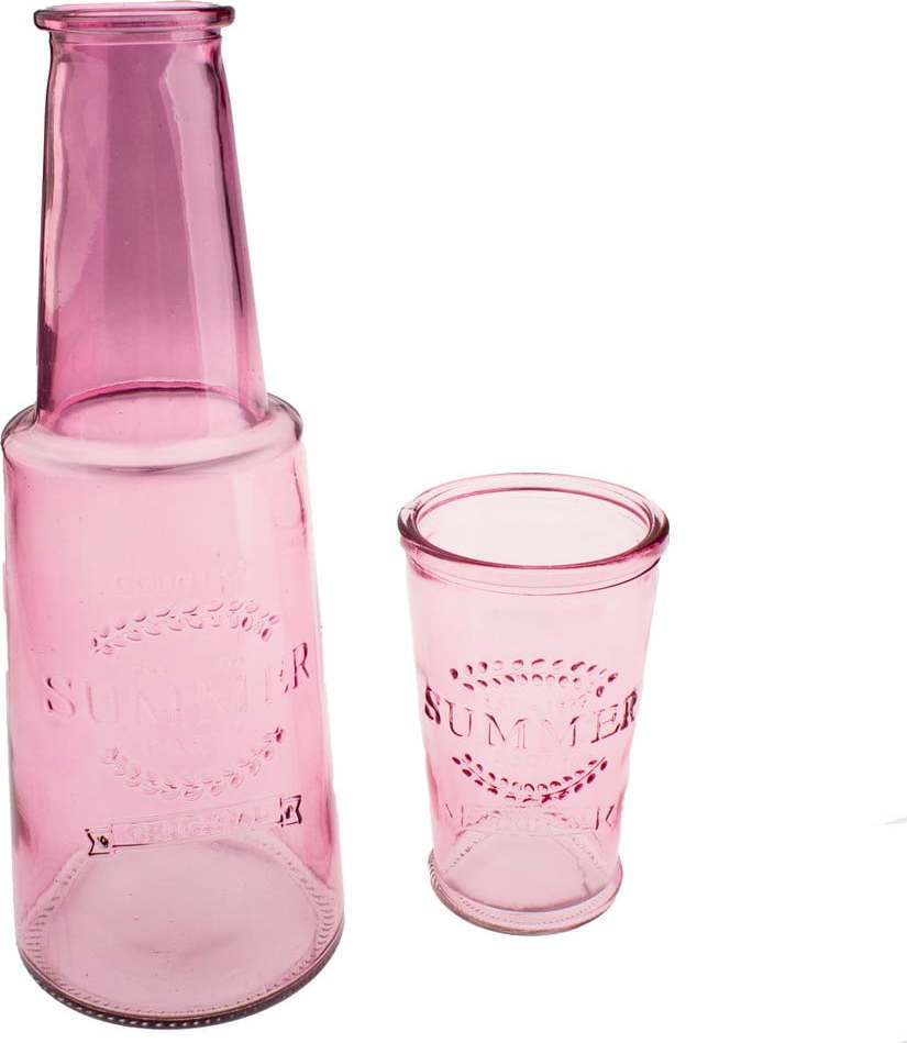 Růžová skleněná karafa se sklenicí
