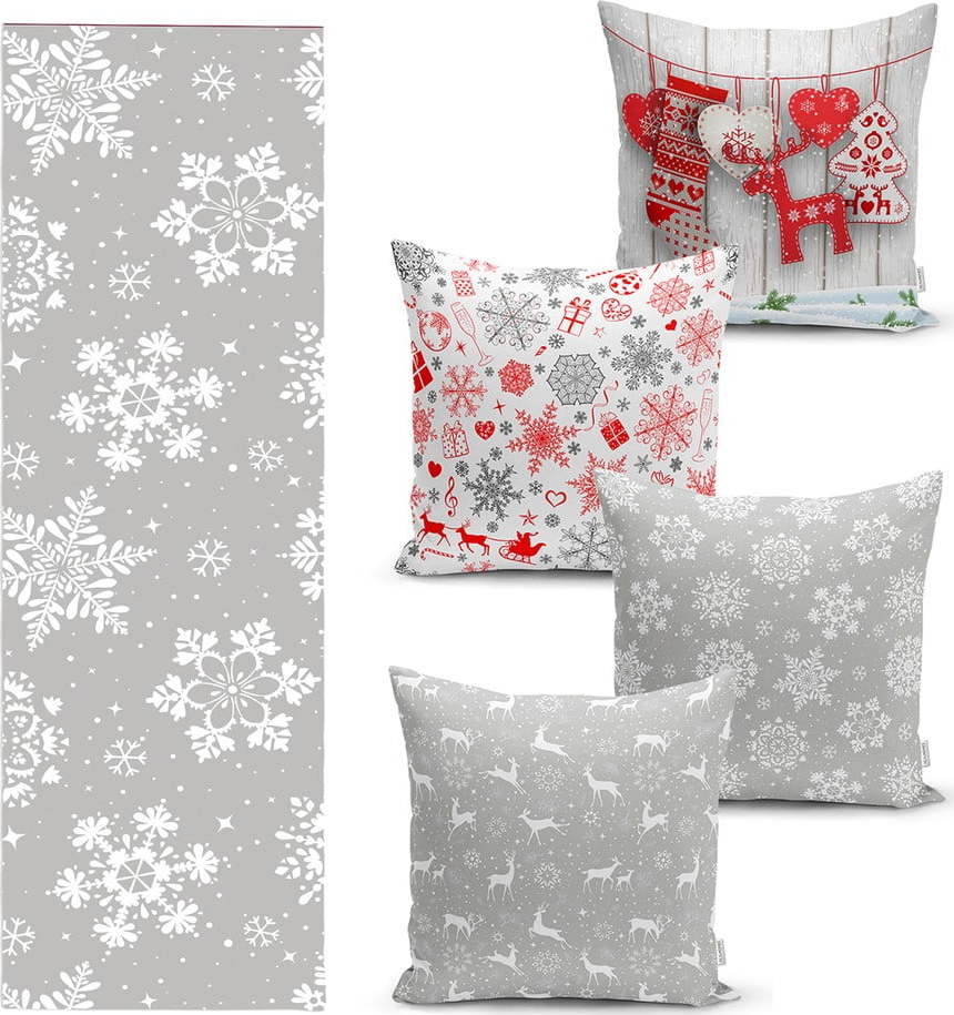 Sada 4 vánočních povlaků na polštář a běhounu na stůl Minimalist Cushion Covers Snowflakes Minimalist Cushion Covers