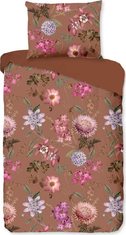 Terakotově hnědé povlečení na jednolůžko z bavlněného saténu Le Bonom Blossom