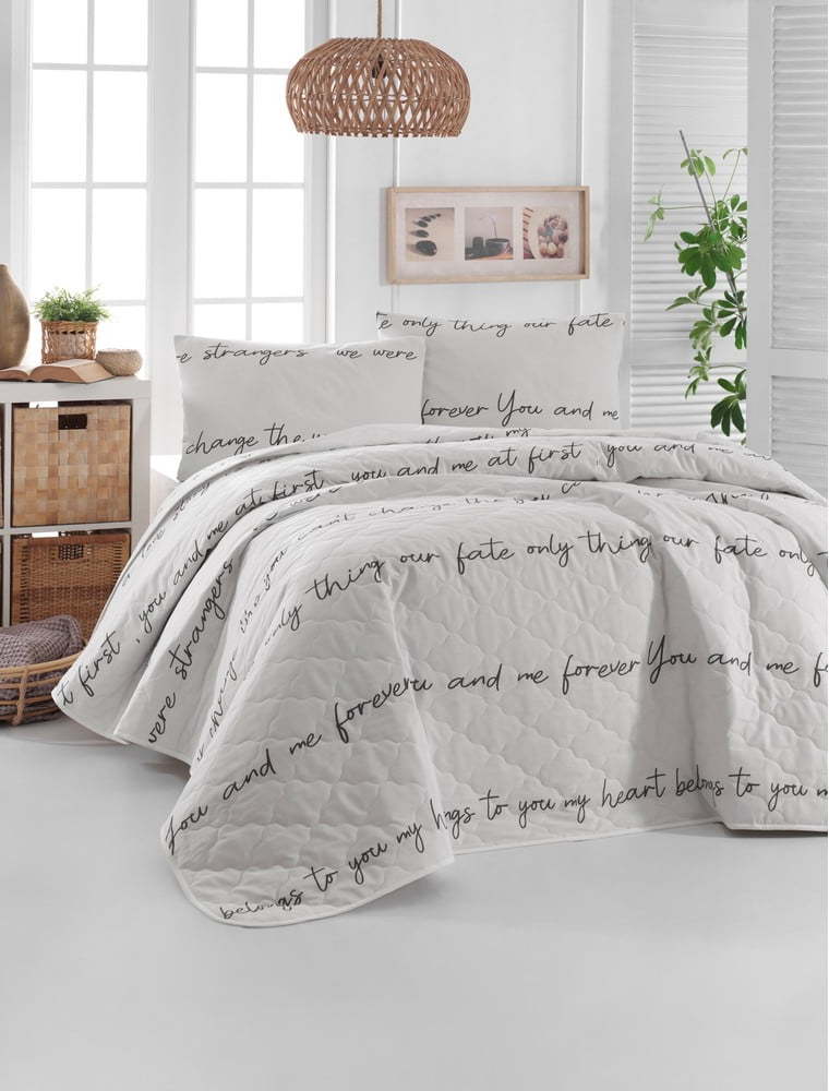 Bílý přehoz přes postel se 2 povlaky na polštář z ranforce bavlny EnLora Home Print