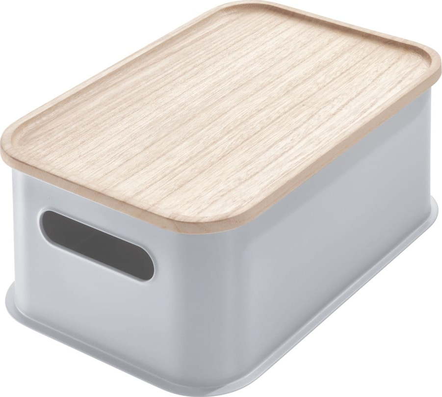 Šedý úložný box s víkem ze dřeva paulownia iDesign Eco Handled