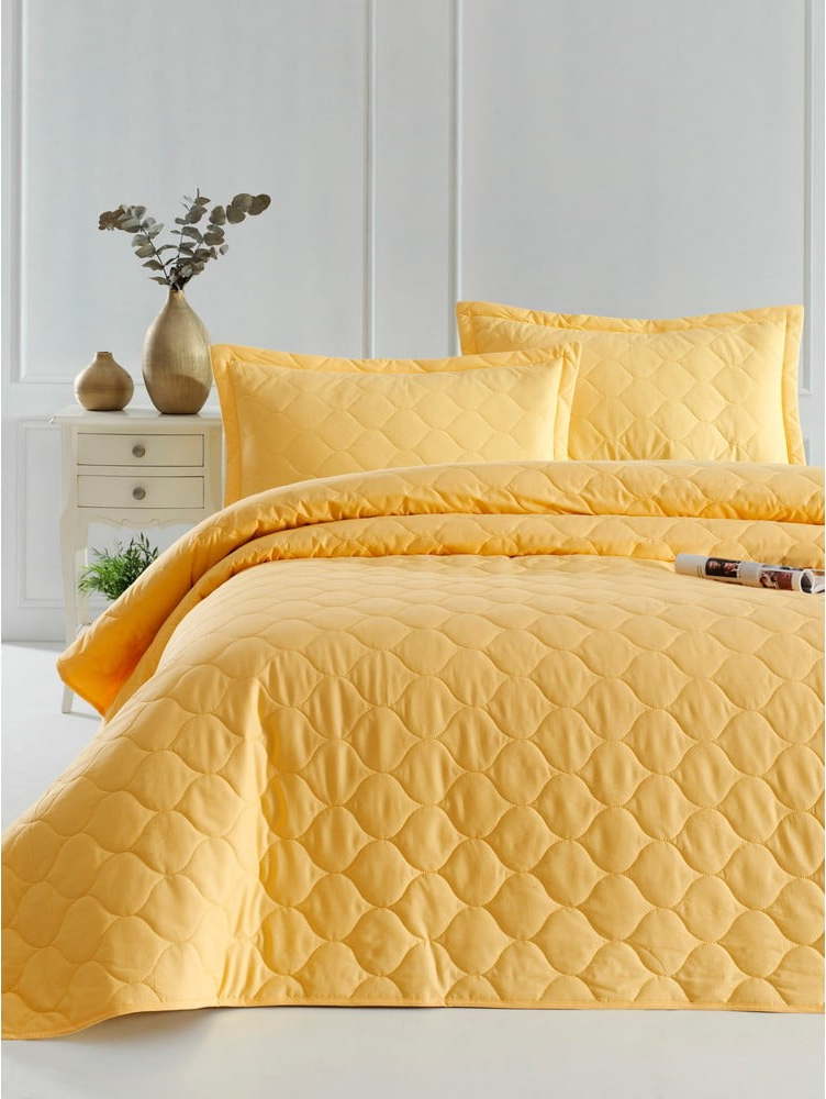 Žlutý přehoz přes postel s povlakem na polštář z ranforce bavlny EnLora Home Fresh