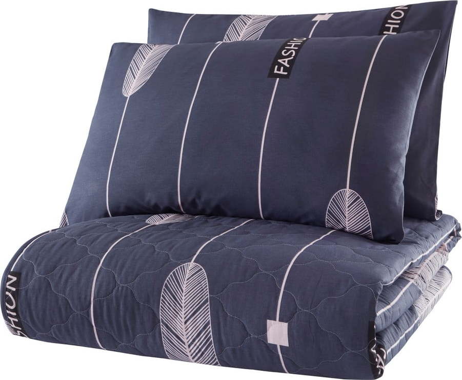 Modrý přehoz přes postel se 2 povlaky na polštář z ranforce bavlny EnLora Home Modena