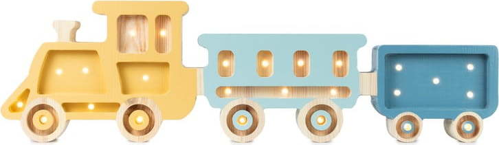 Žluto-modrá stolní lampa z borovicového dřeva Little Lights Train
