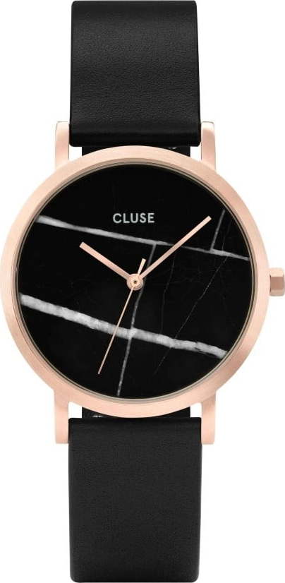 Dámské černé hodinky s koženým řemínkem a mramorovým ciferníkem Cluse La Roche Petite Rose CLUSE