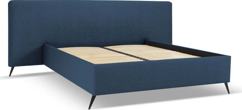 Tmavě modrá čalouněná dvoulůžková postel s úložným prostorem a roštem 160x200 cm Walter – Milo Casa Milo Casa