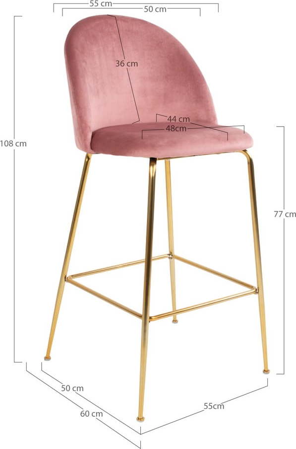 Sada 2 růžových barových židlí se sametovým potahem s nohami mosazové barvy House Nordic Lausanne House Nordic