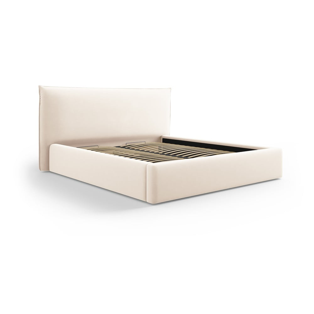 Krémová čalouněná dvoulůžková postel s úložným prostorem a roštem 160x200 cm Elio – Milo Casa Milo Casa