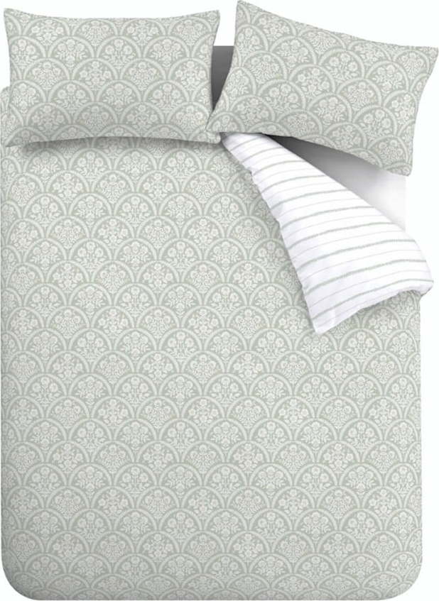 Bílo-zelené prodloužené povlečení na dvoulůžko z bavlněného perkálu 230x220 cm Scallop Floral – Bianca Bianca