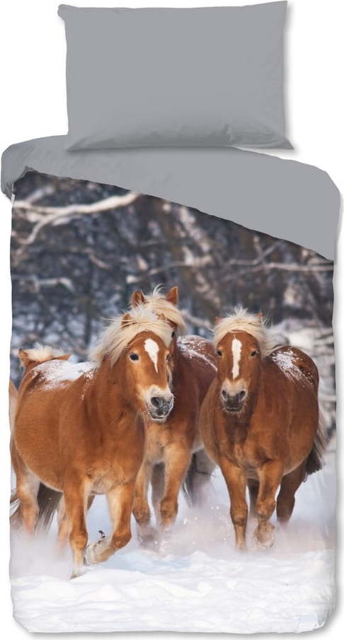 Šedé flanelové dětské povlečení na jednolůžko 140x200 cm Happy Horses – Good Morning GOOD MORNING