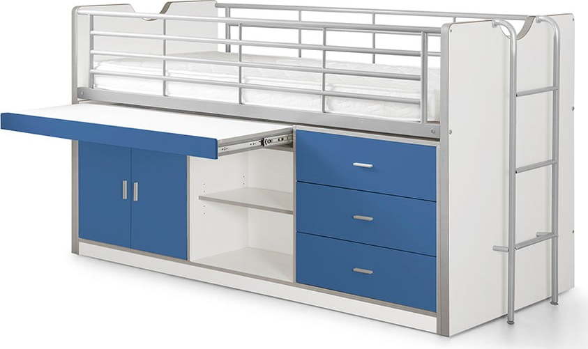 Bílo-modrá vyvýšená dětská postel s úložným prostorem s roštem 90x200 cm Bonny – Vipack Vipack
