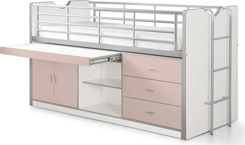 Bílo-růžová vyvýšená dětská postel s úložným prostorem s roštem 90x200 cm Bonny – Vipack Vipack