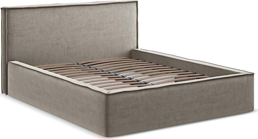 Čalouněná dvoulůžková postel taupe s úložným prostorem s roštem 180x200 cm Anani – Makamii Makamii