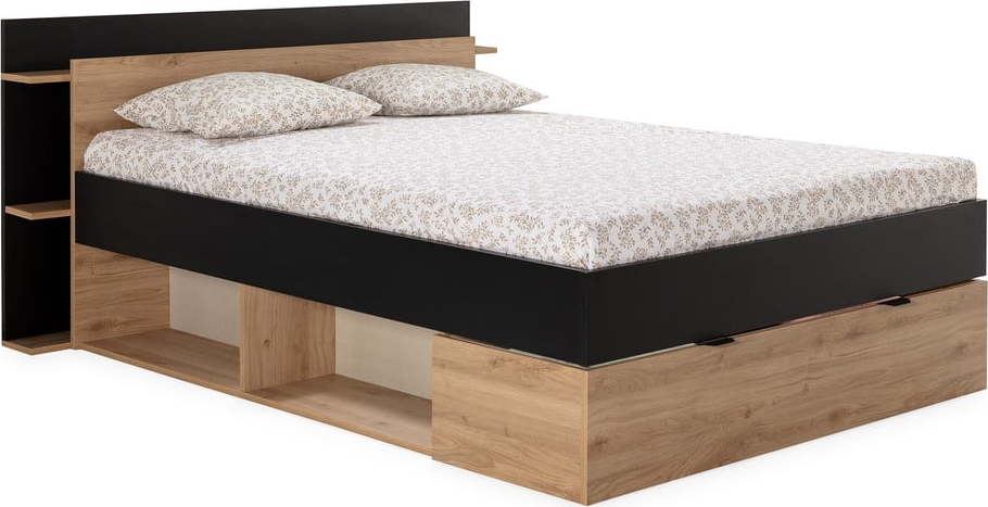 Dvoulůžková postel v dekoru dubu s úložným prostorem bez roštu v černo-přírodní barvě 140x190 cm Albo – Marckeric Marckeric
