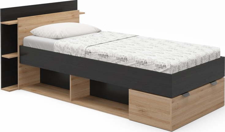 Jednolůžková postel v dekoru dubu s úložným prostorem bez roštu v černo-přírodní barvě 90x200 cm Albo – Marckeric Marckeric