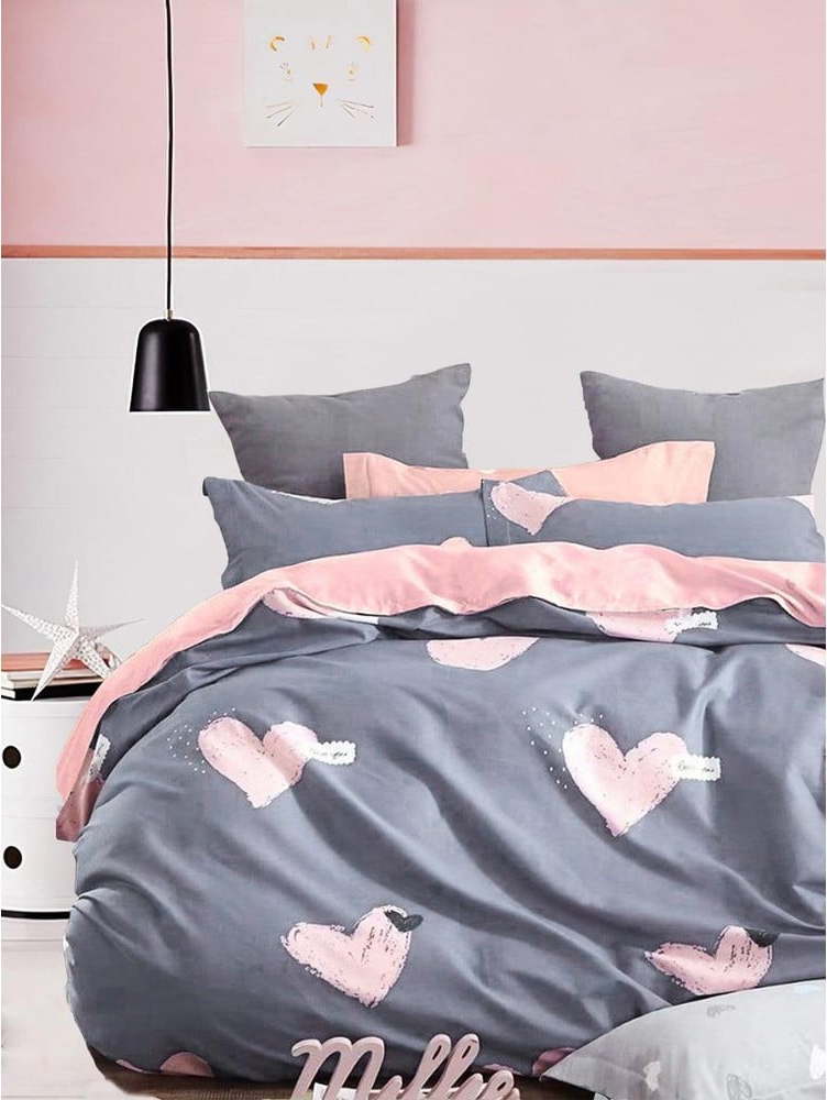 Růžovo-šedé prodloužené povlečení na dvoulůžko z bavlny Renforcé s prostěradlem/4dílné 200x220 cm Beloved – Mila Home Mila Home