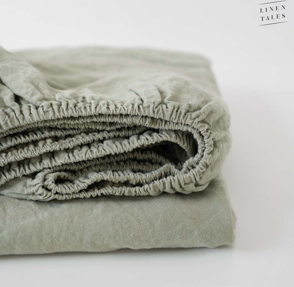 Světle zelené napínací lněné prostěradlo 140x200 cm Sage – Linen Tales Linen Tales