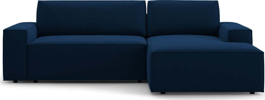 Tmavě modrá sametová rozkládací rohová pohovka s úložným prostorem (pravý roh/s lenoškou) Jodie – Micadoni Micadoni