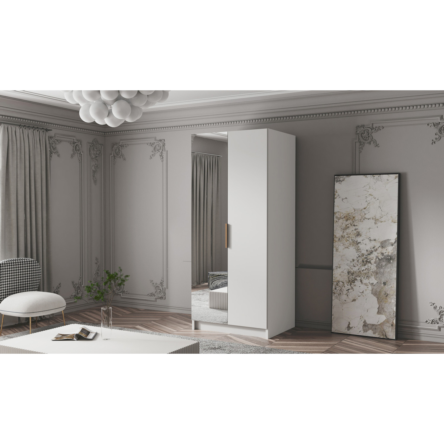 Šatní skříň BODRUM 100 II - bílá/zlaté úchytky ankon