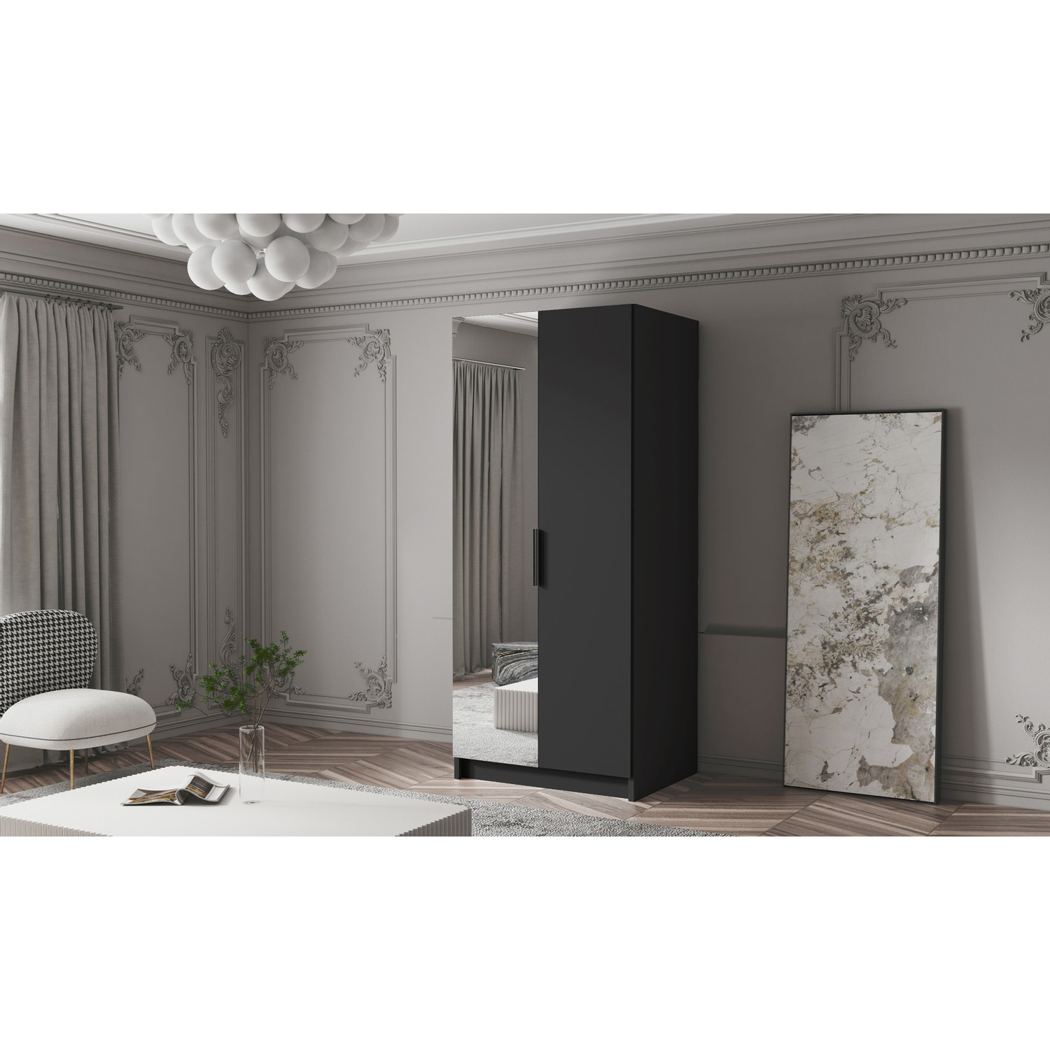 Šatní skříň BODRUM 100 II - černá/černé úchytky ankon