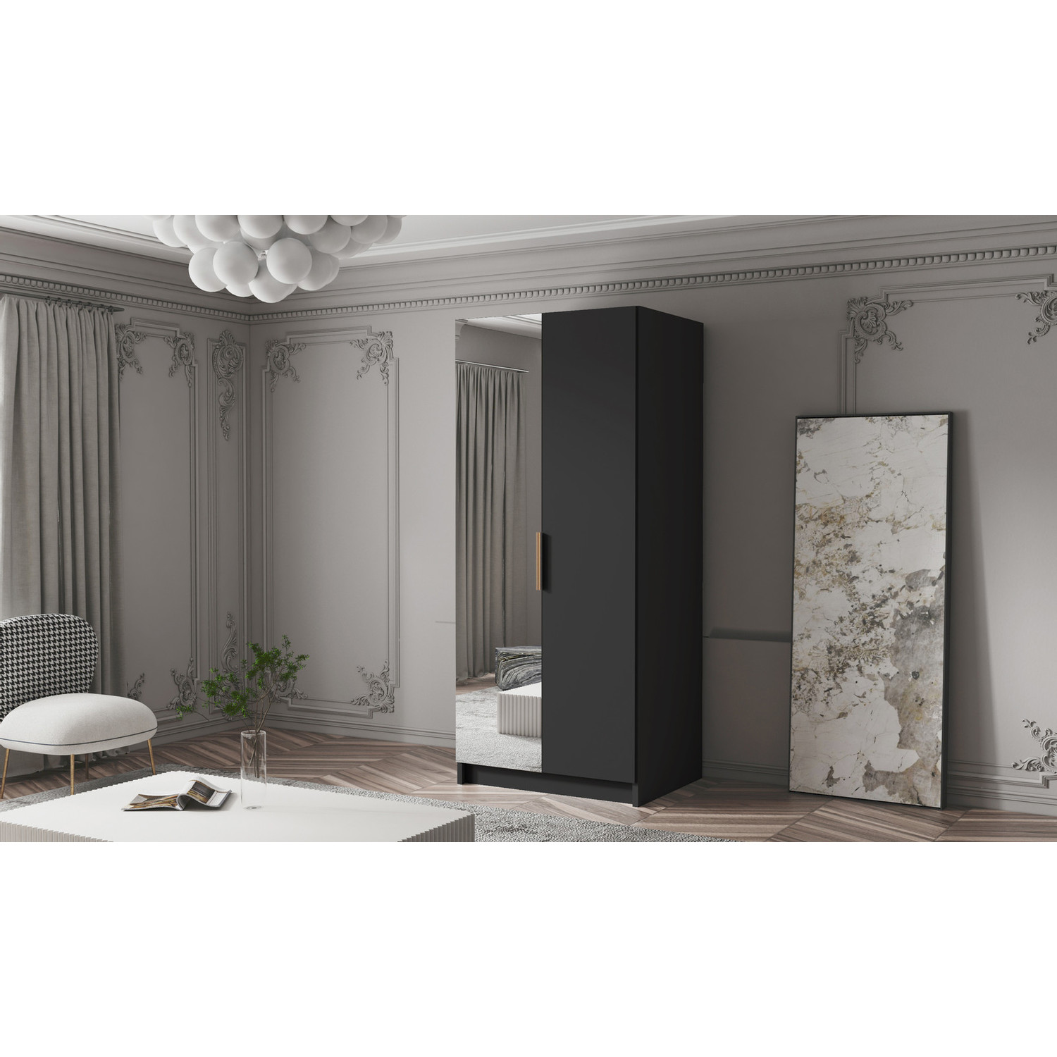 Šatní skříň BODRUM 100 II - černá/zlaté úchytky ankon