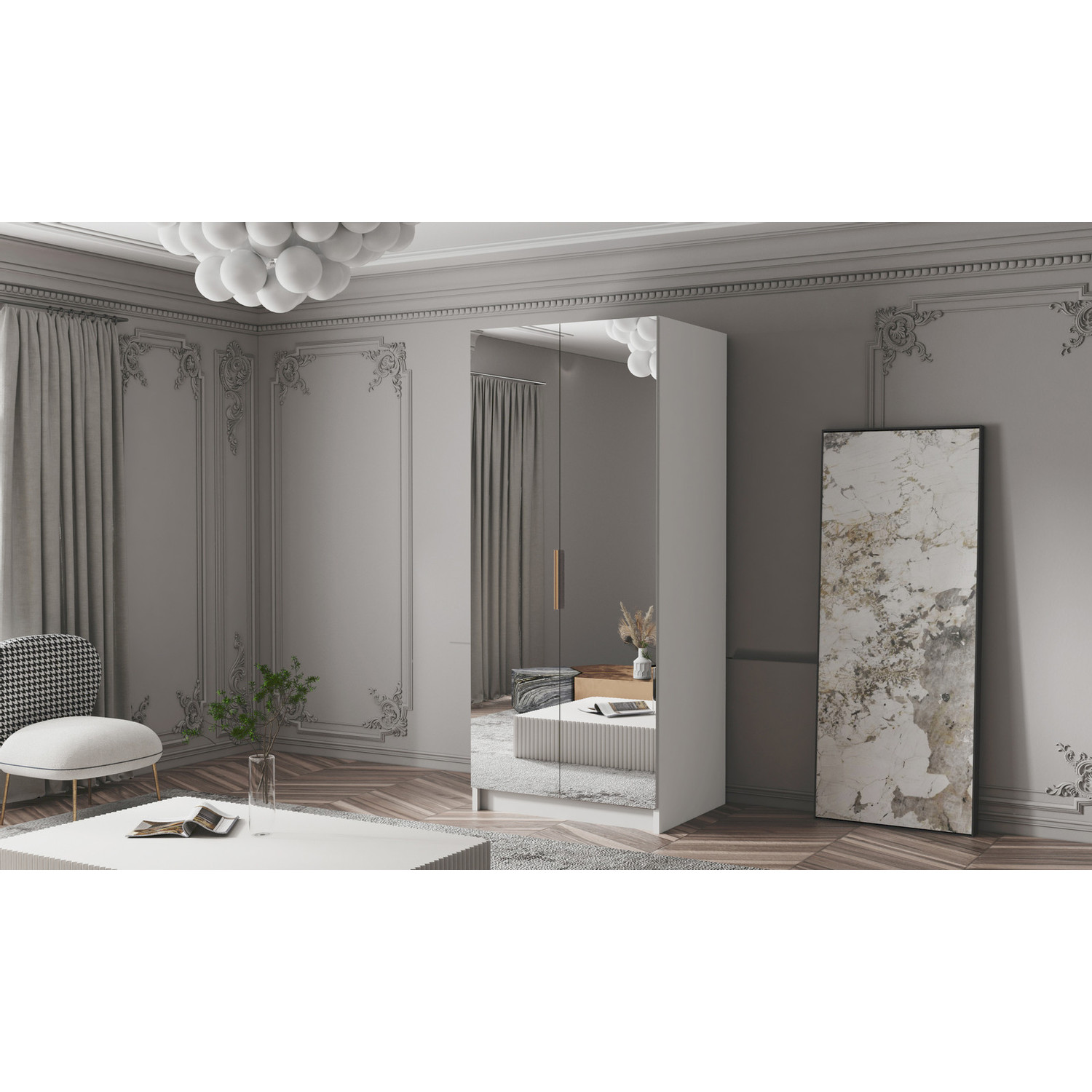 Šatní skříň BODRUM 100 III - bílá/zlaté úchytky ankon