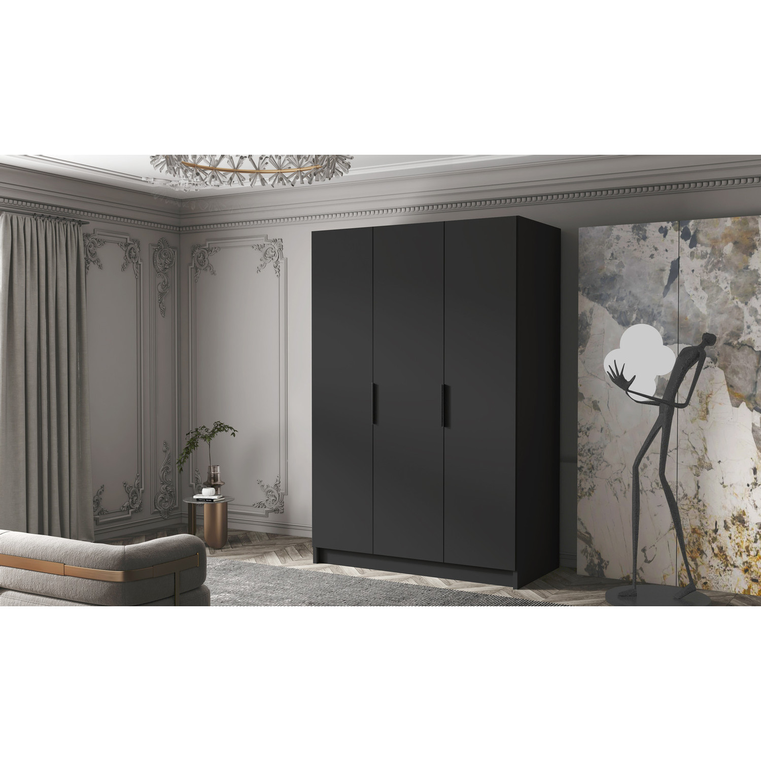 Šatní skříň CALPE 150 I - černá/černé úchytky ankon