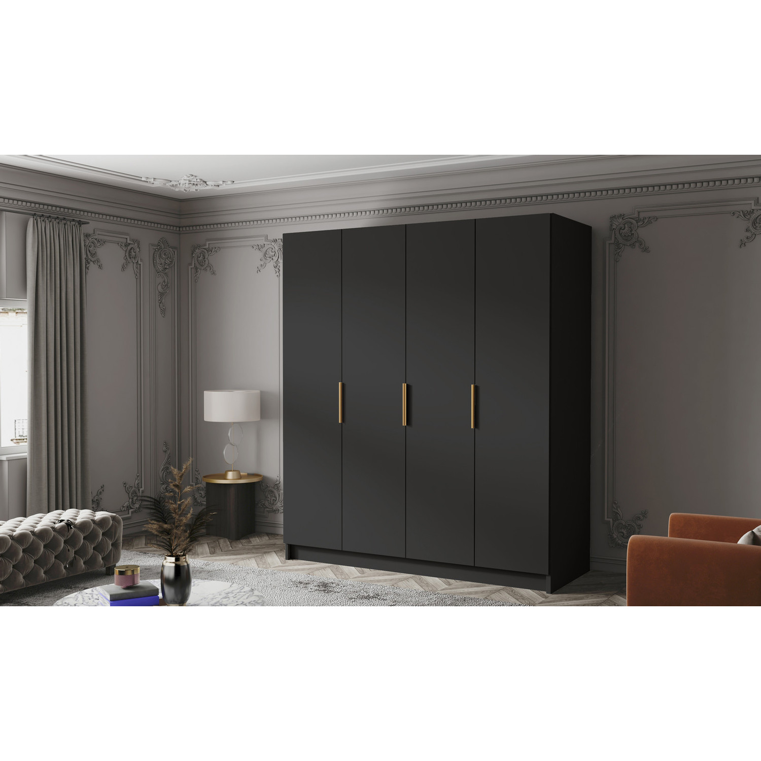 Šatní skříň SALVADOR 200 I - černá/zlaté úchytky ankon