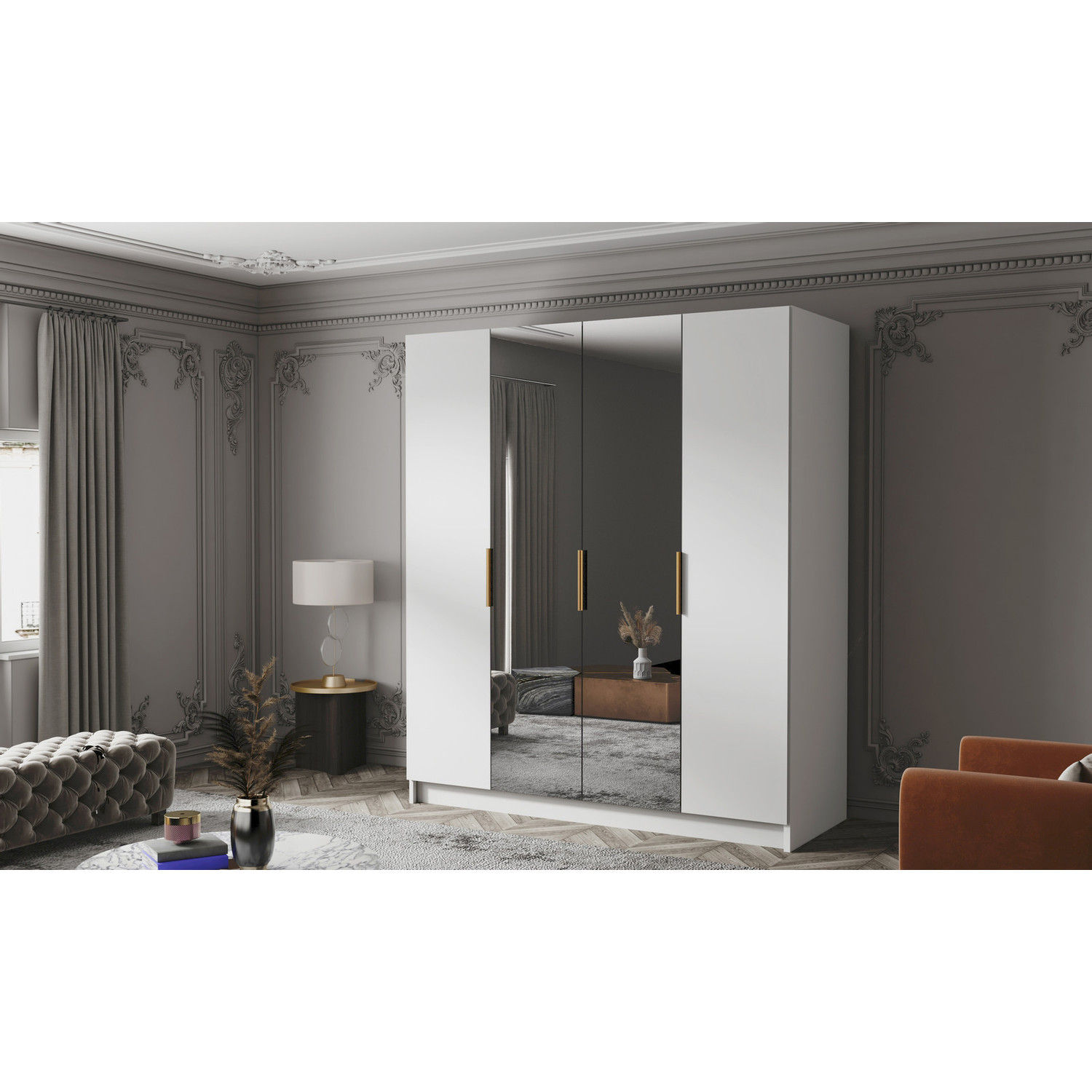 Šatní skříň SALVADOR 200 II - bílá/zlaté úchytky ankon