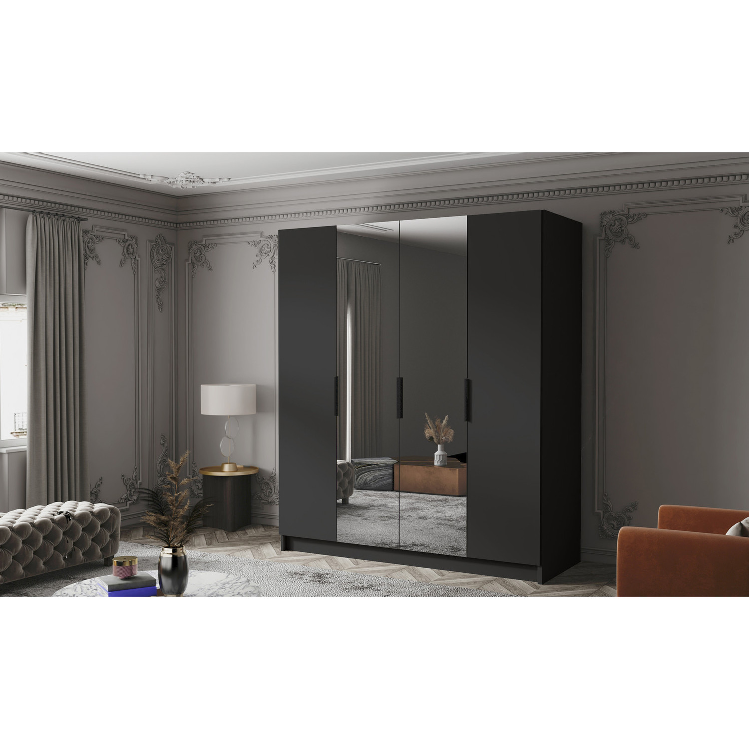 Šatní skříň SALVADOR 200 II - černá/černé úchytky ankon