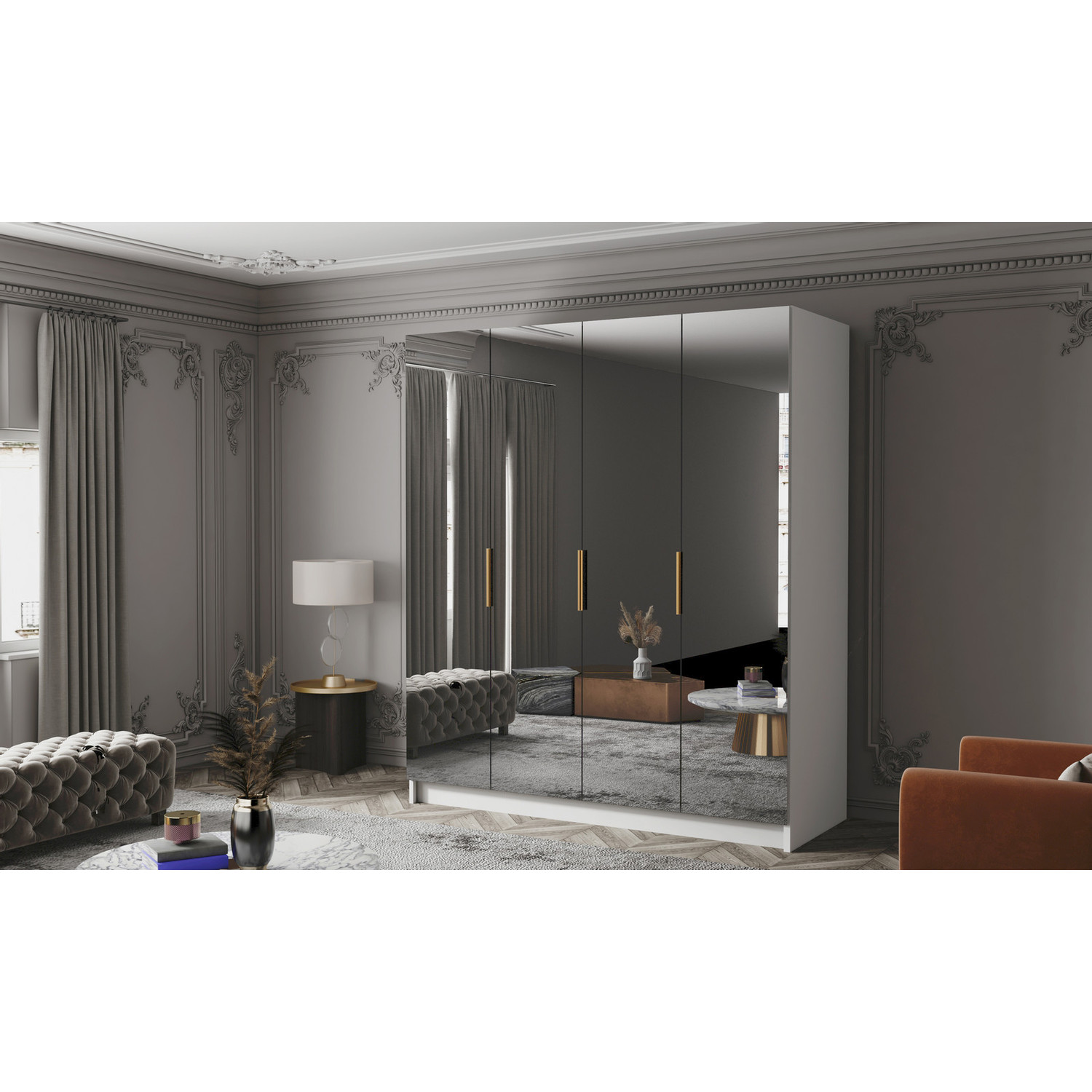 Šatní skříň SALVADOR 200 III - bílá/zlaté úchytky ankon