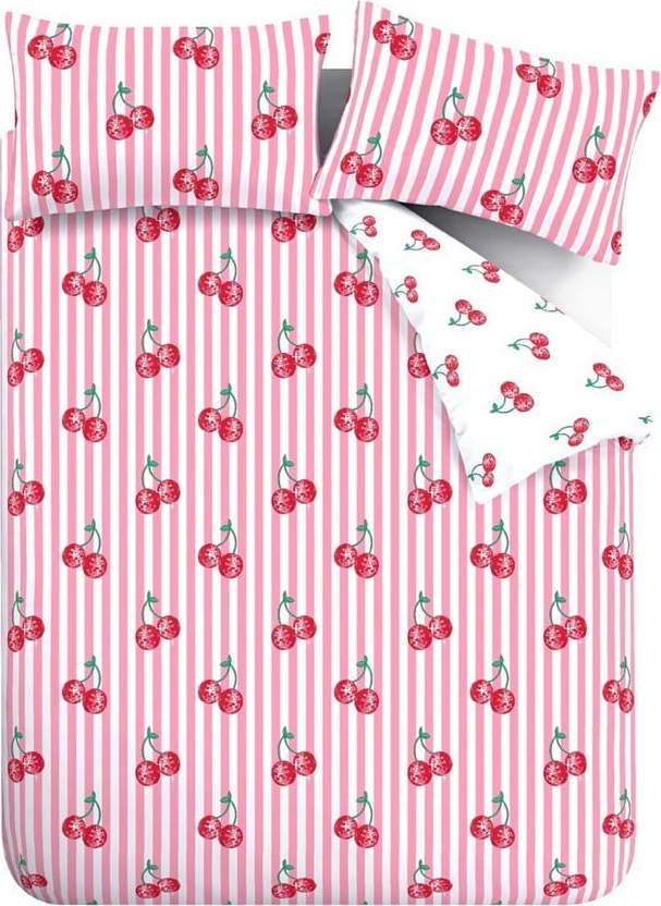 Bílé/růžové povlečení na dvoulůžko/prodloužené 230x220 cm Disco Cherries Stripes – Catherine Lansfield Catherine Lansfield
