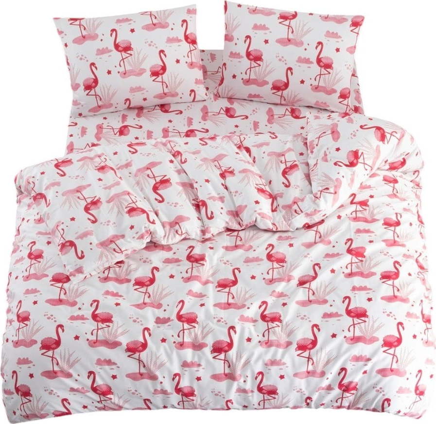 Bílo-růžové povlečení na jednolůžko/prodloužené s prostěradlem/3dílné 160x220 cm Flamingo – Mila Home Mila Home