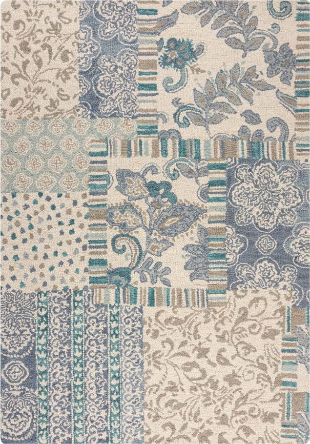 Modrý/béžový ručně tkaný vlněný koberec 160x230 cm Eloise Patchwork – Flair Rugs Flair Rugs