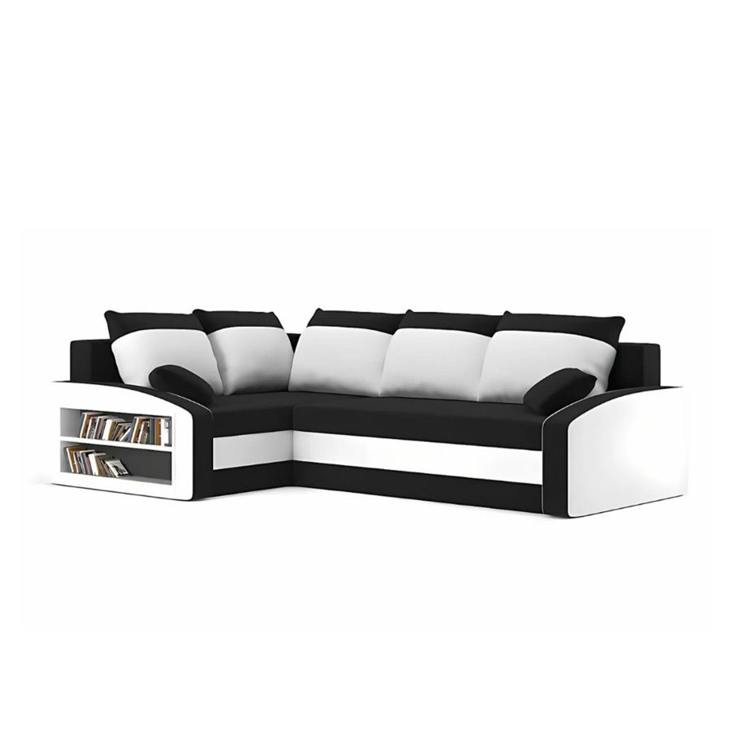Rozkládací rohová sedací souprava s poličkou GRANDE Levá Černá/bílá Signal-nabytek