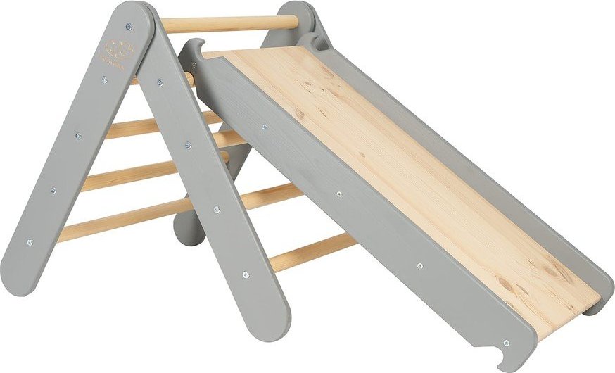 Šedý pikler trojúhelník z borovicového dřeva 46x87x60 cm Montessori – Meowbaby MeowBaby