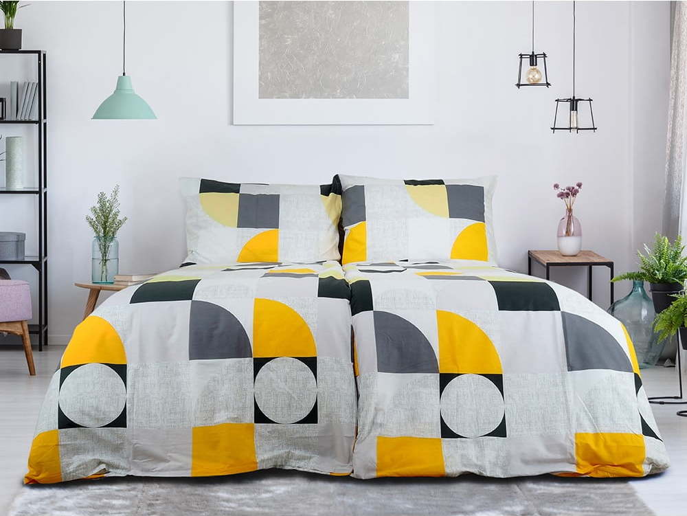 Žluté/šedé krepové povlečení na jednolůžko 140x200 cm Geometries – B.E.S. B.E.S.
