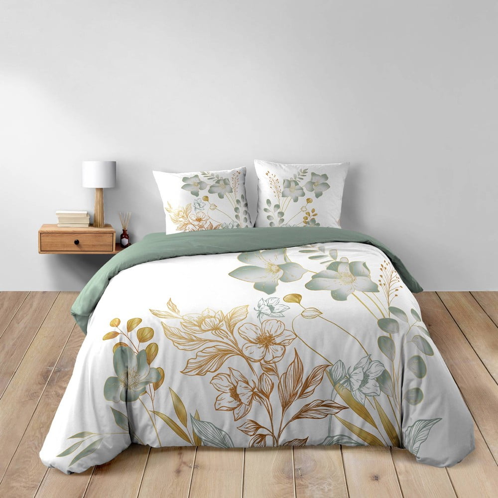 Bílé/zelené bavlněné povlečení na dvoulůžko/prodloužené 240x220 cm Lolita – douceur d'intérieur Douceur d intérieur