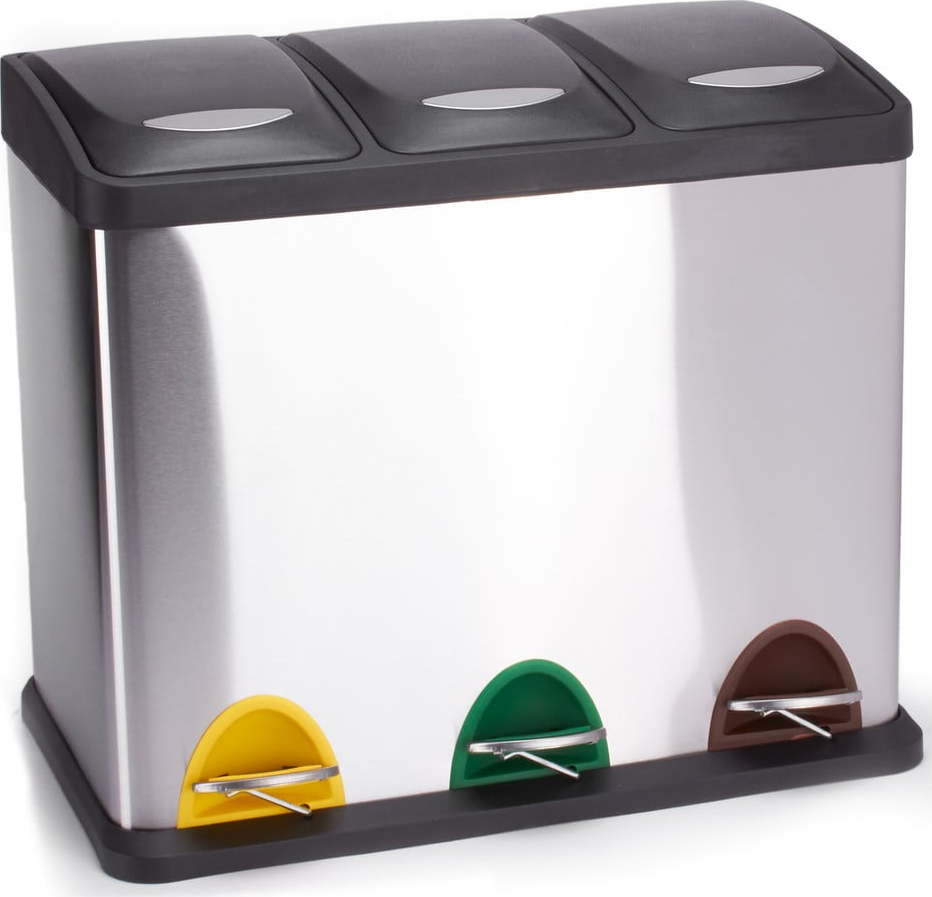 Ocelový odpadkový koš 3x8 l na tříděný odpad/nášlapný v matně stříbrné barvě Tri Selectif – MSV MSV