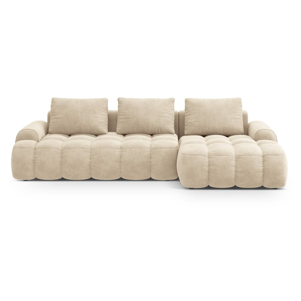 Béžová sametová rozkládací/s úložným prostorem rohová pohovka (pravý roh/s lenoškou) Linz – Cosmopolitan Design Cosmopolitan design