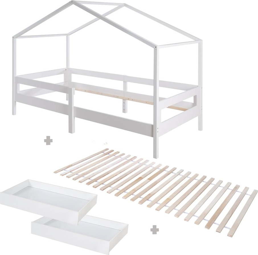 Bílá domečková dětská postel z masivního dřeva s úložným prostorem s roštem 90x200 cm – Roba Roba