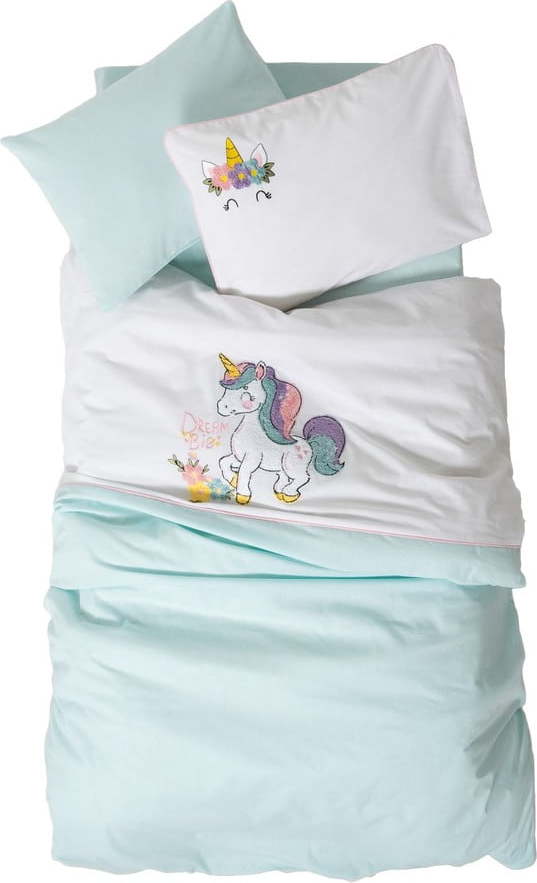 Bílé/v mentolové barvě bavlněné dětské povlečení do postýlky s prostěradlem/4dílné 100x150 cm Dolly – Mijolnir Mijolnir