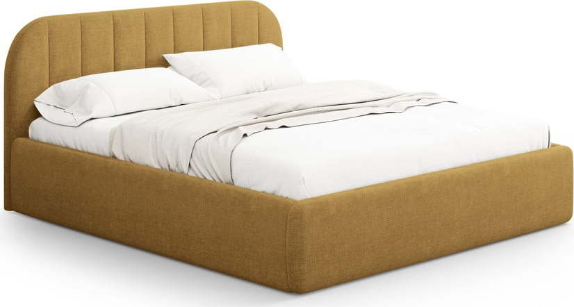 Čalouněná dvoulůžková postel s úložným prostorem s roštem 140x200 cm v hořčicové barvě Juno – Windsor & Co Sofas Windsor & Co Sofas