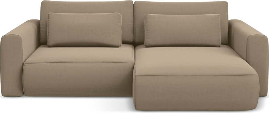 Světle hnědá sametová rozkládací/s úložným prostorem rohová pohovka (pravý roh/s lenoškou) Kapua – Makamii Makamii