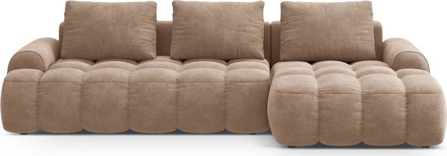 Světle hnědá sametová rozkládací/s úložným prostorem rohová pohovka (pravý roh/s lenoškou) Linz – Cosmopolitan Design Cosmopolitan design