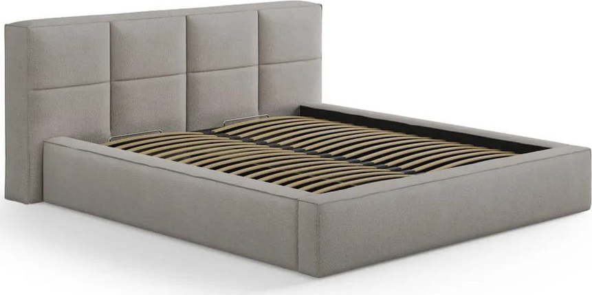 Světle šedá čalouněná dvoulůžková postel s úložným prostorem s roštem 180x200 cm Simon Darren – Micadoni Micadoni