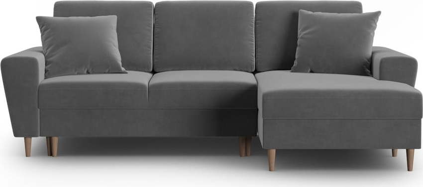 Světle šedá sametová rozkládací/s úložným prostorem rohová pohovka (pravý roh/s lenoškou) Kyoto – Cosmopolitan Design Cosmopolitan design
