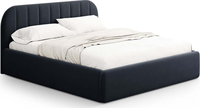 Tmavě modrá čalouněná dvoulůžková postel s úložným prostorem s roštem 200x200 cm Juno – Windsor & Co Sofas Windsor & Co Sofas