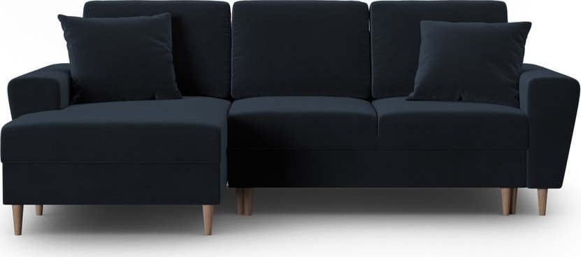 Tmavě modrá sametová rozkládací/s úložným prostorem rohová pohovka (levý roh/s lenoškou) Kyoto – Cosmopolitan Design Cosmopolitan design